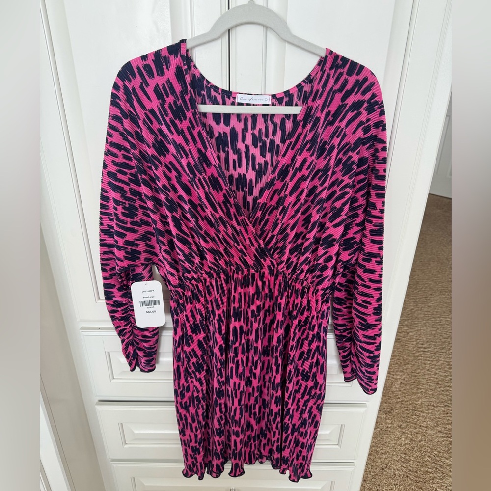 NWT Pink Cheetah Print Long Sleeve Plisse Dress